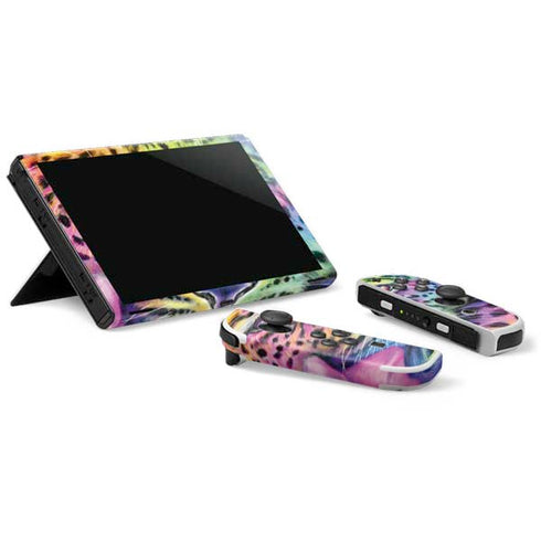 Neon Rainbow Cheetah with Rose by Sheena Pike Nintendo Switch OLED (2021) Skin